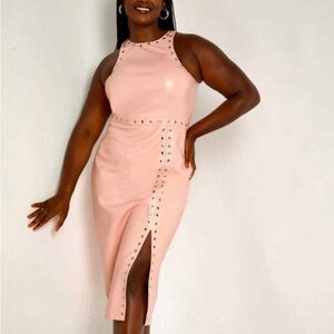 Eloquii Pink Midi Sheath Studded Dress with Slit & Halter Neckline for Cocktail